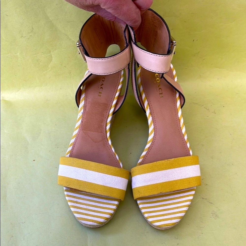 New Coach Yellow and White Striped Canvas/Leather Sandals